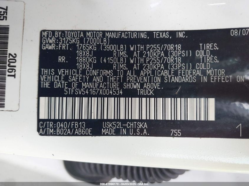 2007 Toyota Tundra Sr5 5.7L V8 VIN: 5TFSV54167X004534 Lot: 41966170