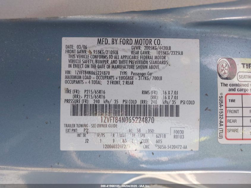 2006 Ford Mustang V6 VIN: 1ZVFT84N065224870 Lot: 41966185
