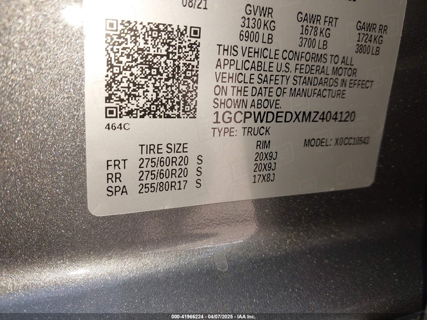 2021 CHEVROLET SILVERADO 1500 5.3L V-8 DI, VVT, 35(VIN: 1GCPWDEDXMZ404120