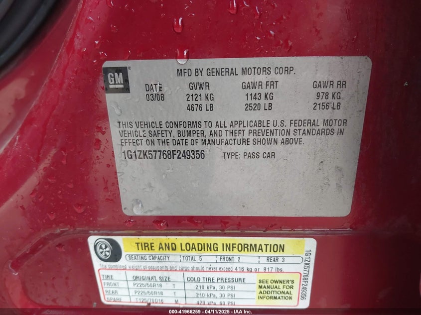 2008 CHEVROLET MALIBU VIN: 1G1ZK57768F249356