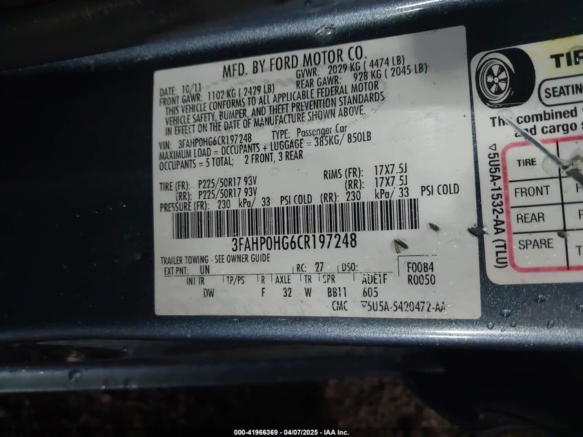 2012 FORD FUSION VIN: 3FAHP0HG6CR197248