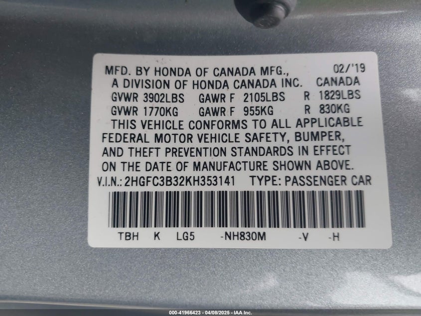 2019 HONDA CIVIC VIN: 2HGFC3B32KH353141