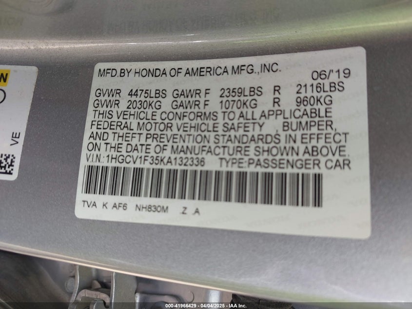 VIN 1HGCV1F35KA132336 2019 HONDA ACCORD SPORT