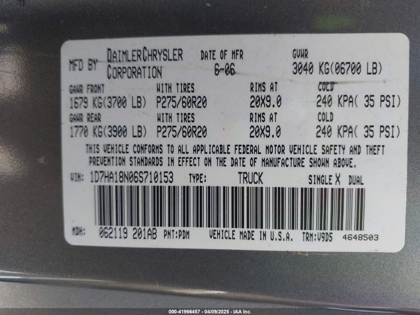 2006 Dodge Ram 1500 VIN: 1D7HA18N06F710153 Lot: 41966457
