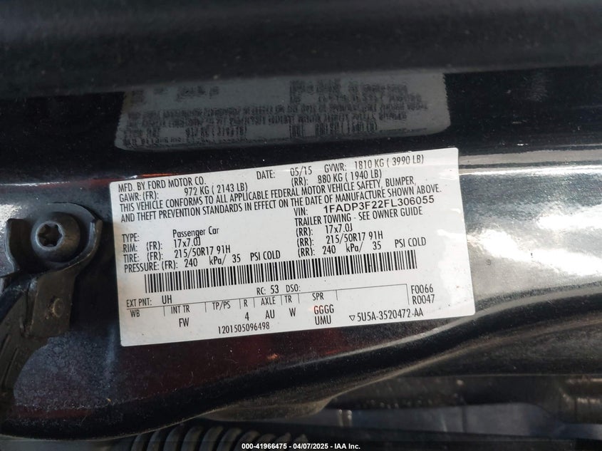 2015 FORD FOCUS VIN: 1FADP3F22FL306055