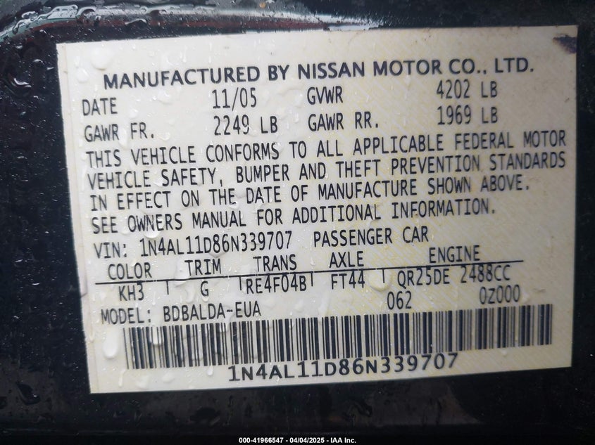 2006 NISSAN ALTIMA VIN: 1N4AL11D86N339707