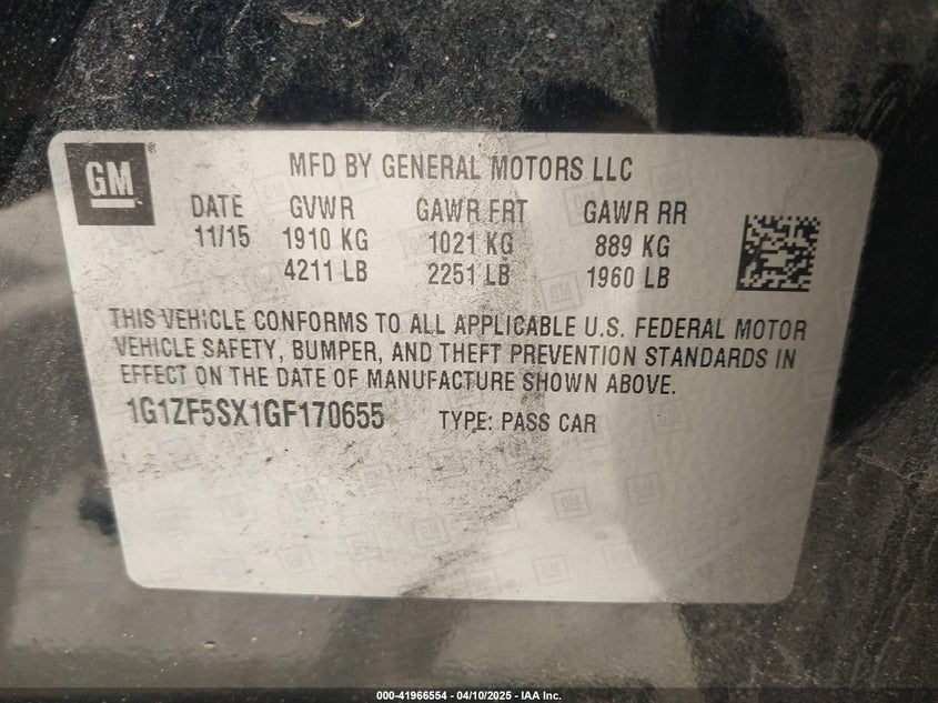 2016 CHEVROLET MALIBU VIN: 1G1ZF5SX1GF170655