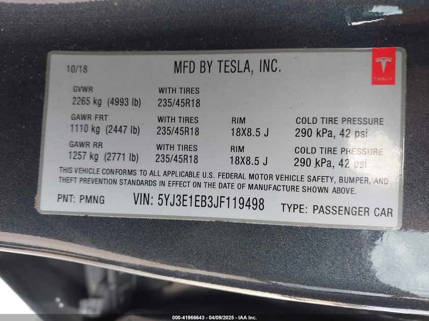 2018 TESLA MODEL 3 VIN: 5YJ3E1EB3JF119498