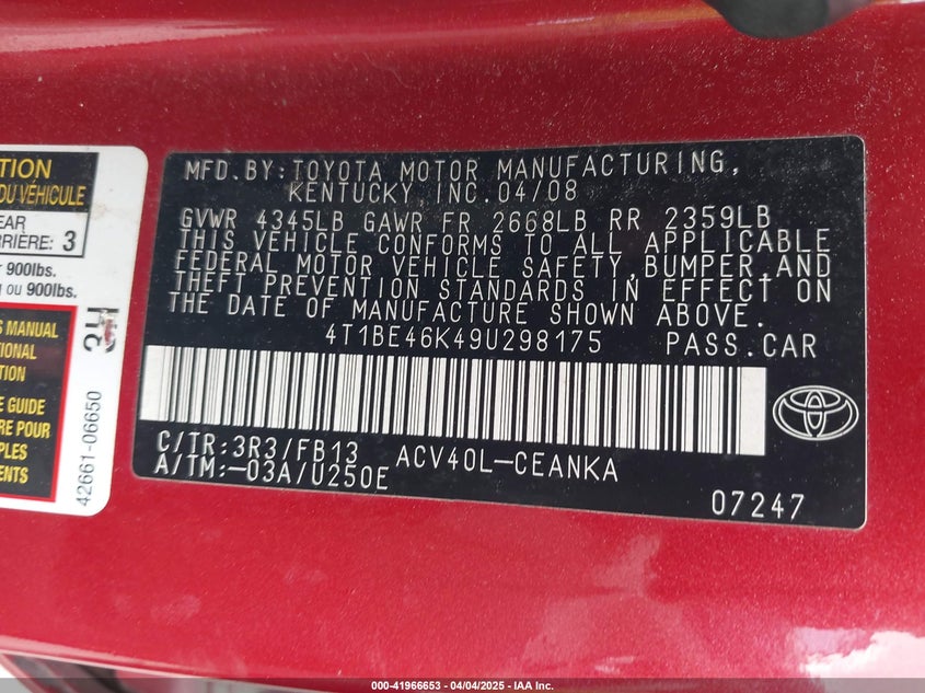 2009 TOYOTA CAMRY VIN: 4T1BE46K49U298175