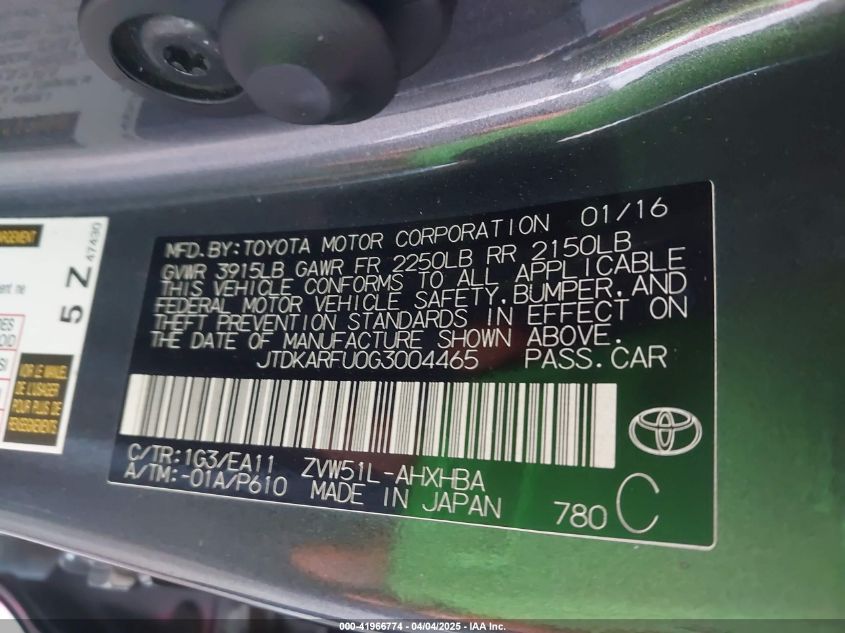 2016 Toyota Prius Three Touring VIN: JTDKARFU0G3004465 Lot: 41966774