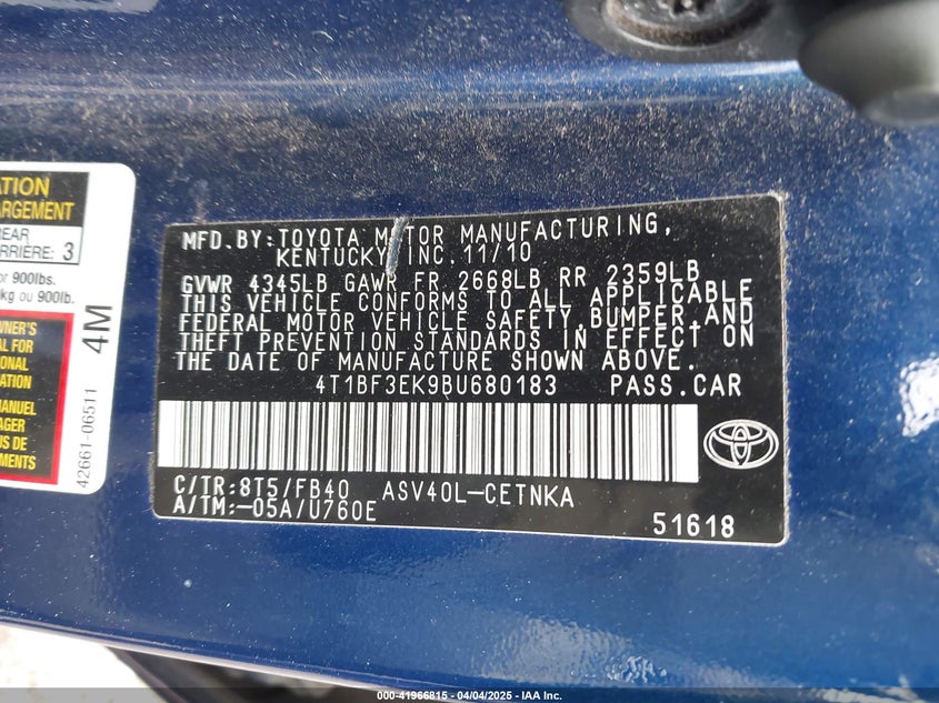 2011 TOYOTA CAMRY VIN: 4T1BF3EK9BU680183