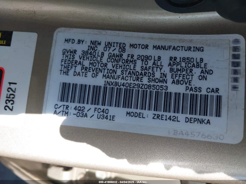 2009 TOYOTA COROLLA VIN: 1NXBU40E29Z085053