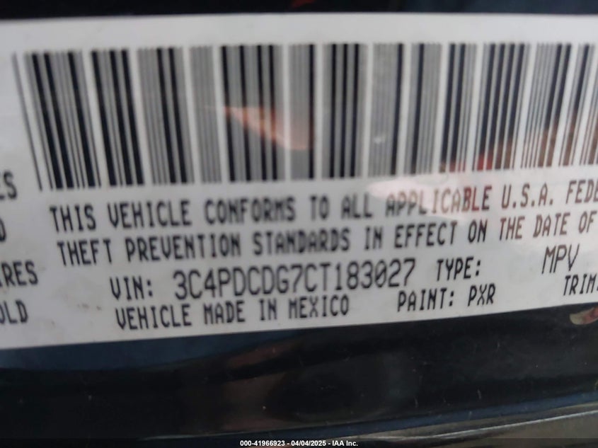 2012 DODGE JOURNEY VIN: 3C4PDCDG7CT183027
