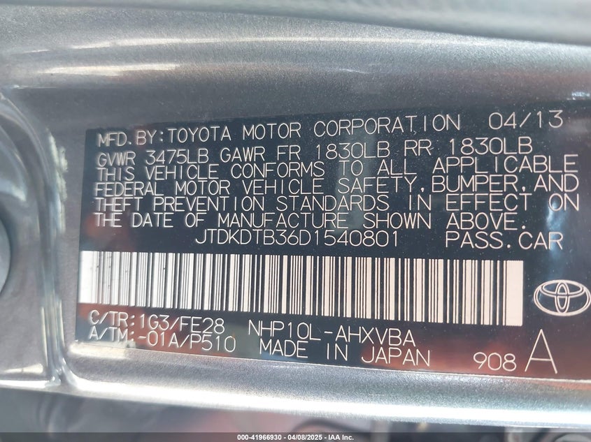 2013 TOYOTA PRIUS C VIN: JTDKDTB36D1540801