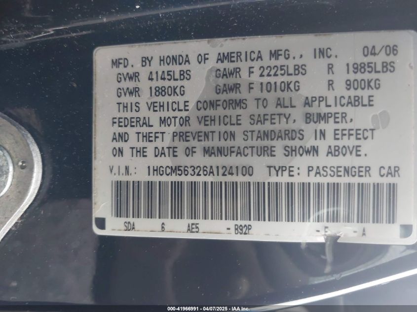 2006 Honda Accord 2.4 Se VIN: 1HGCM56326A124100 Lot: 41966991