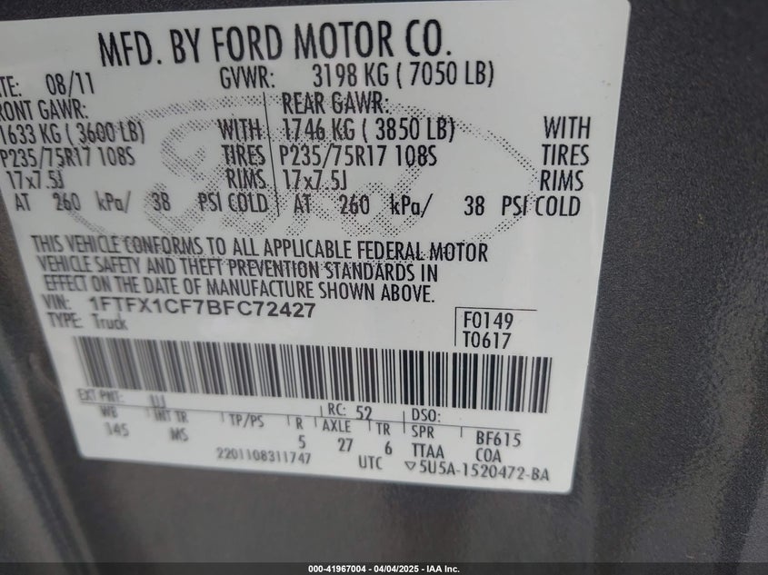 2011 FORD F-150 VIN: 1FTFX1CF7BFC72427