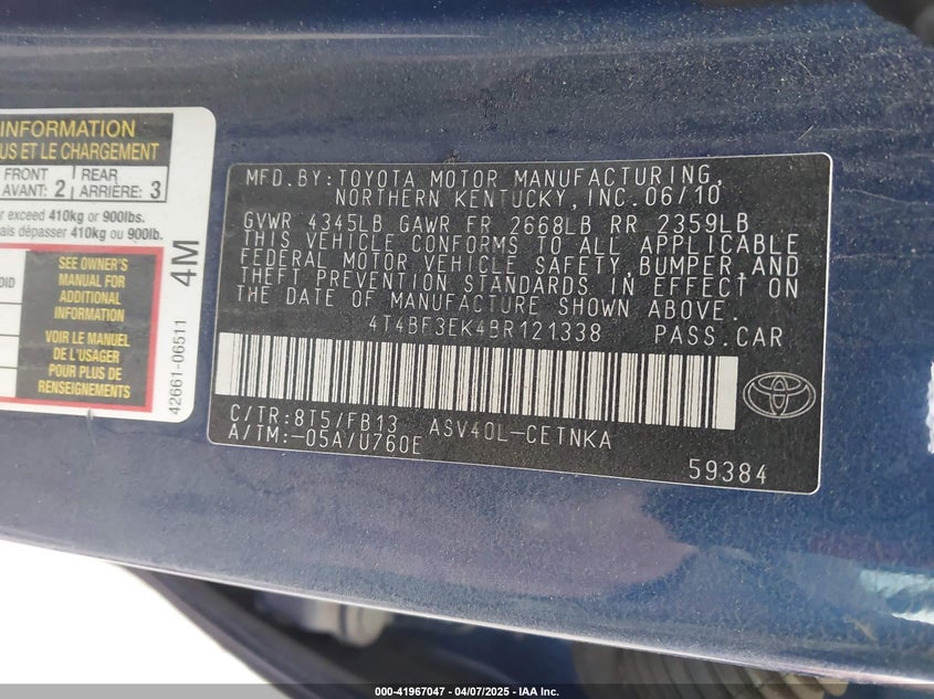 2011 TOYOTA CAMRY VIN: 4T4BF3EK4BR121338