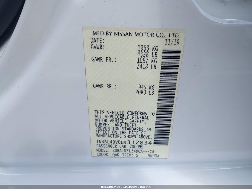 2020 NISSAN ALTIMA VIN: 1N4BL4BV0LN312834