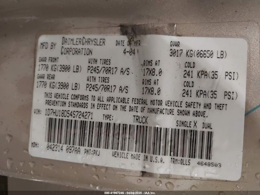 2004 Dodge Ram 1500 Slt/Laramie VIN: 1D7HU18D54S724271 Lot: 41967246