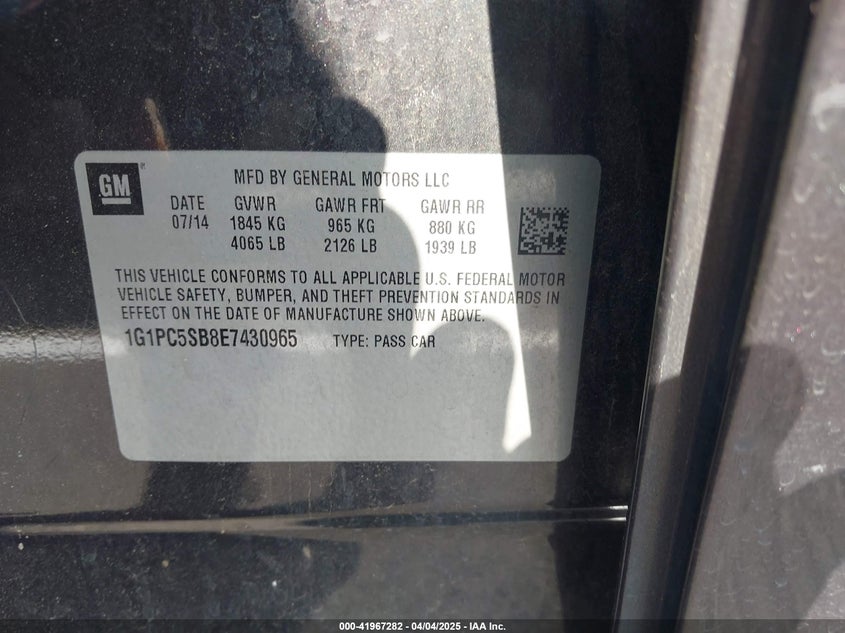 2014 CHEVROLET CRUZE VIN: 1G1PC5SB8E7430965