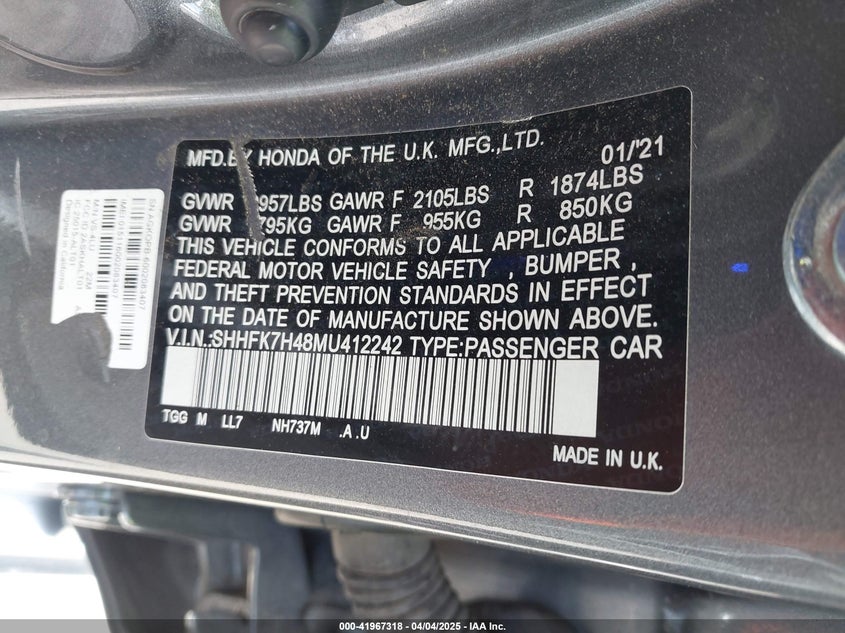 2021 HONDA CIVIC SPORT - SHHFK7H48MU412242