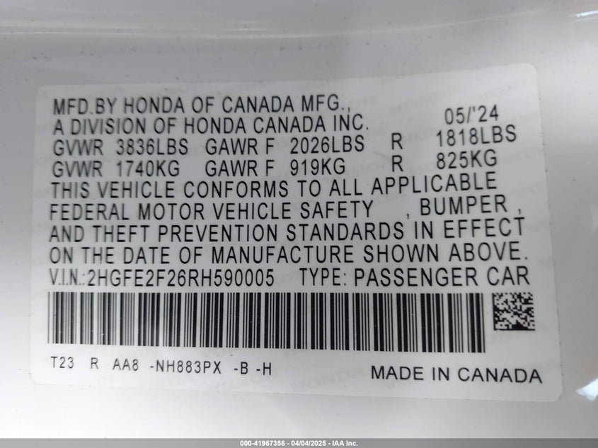 2024 HONDA CIVIC LX - 2HGFE2F26RH590005