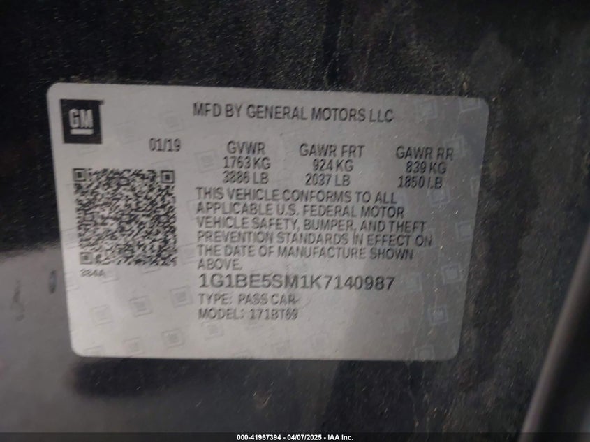 2019 CHEVROLET CRUZE VIN: 1G1BE5SM1K7140987