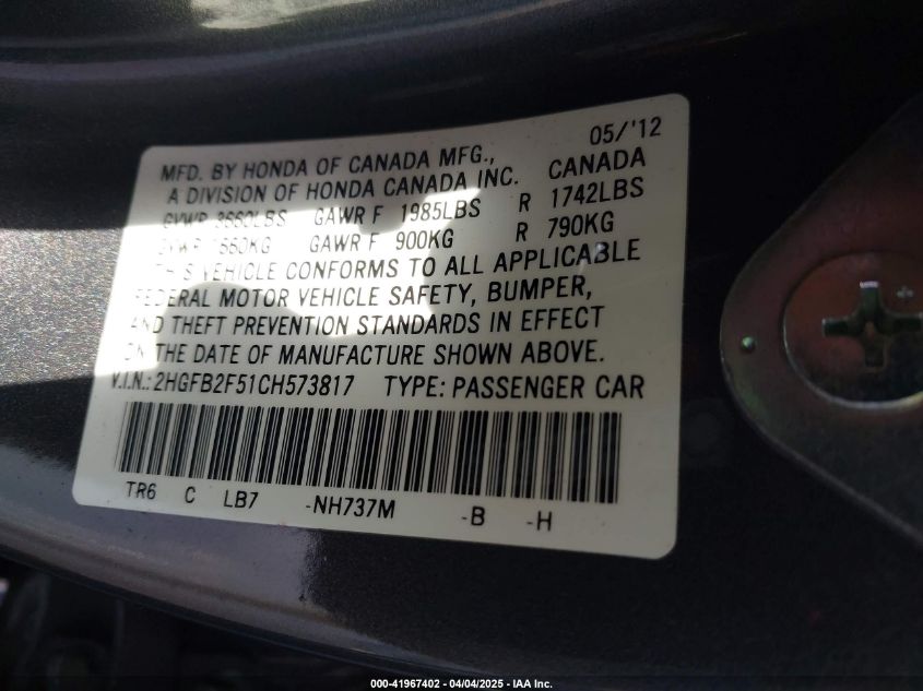 2012 Honda Civic Lx VIN: 2HGFB2F51CH573817 Lot: 41967402