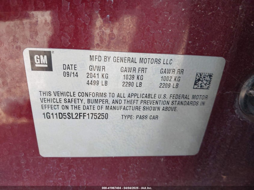 2015 CHEVROLET MALIBU VIN: 1G11D5SL2FF175250