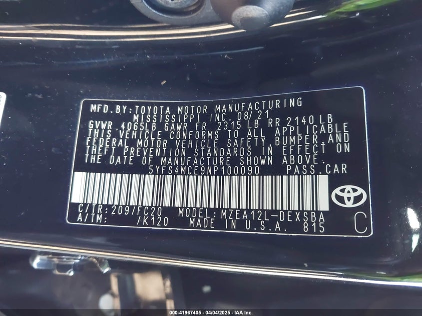 2022 TOYOTA COROLLA VIN: 5YFS4MCE9NP100090