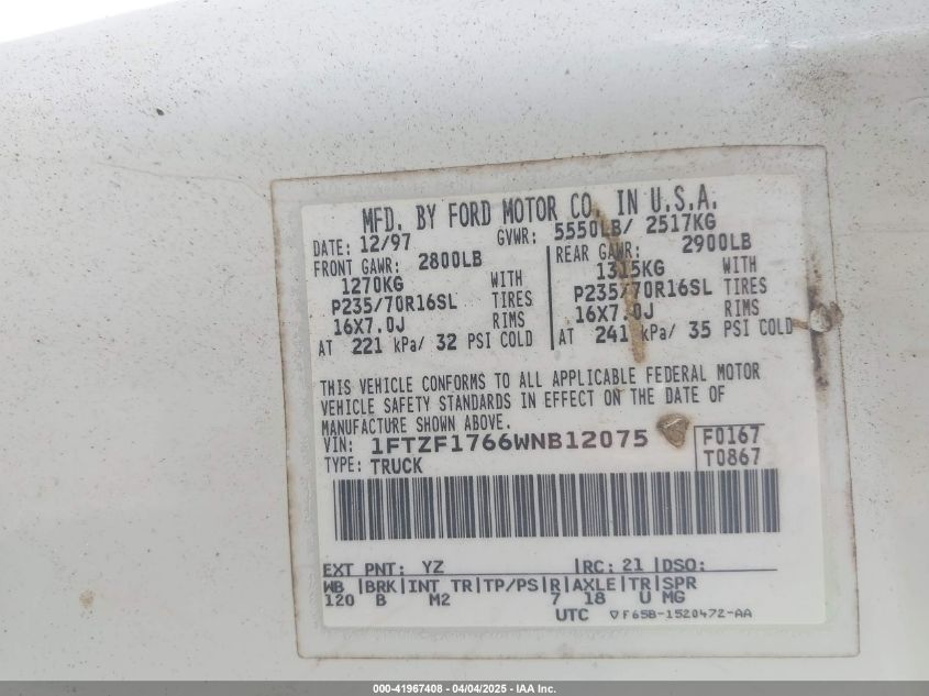 1998 Ford F-150 Lariat/Standard/Xl/Xlt VIN: 1FTZF1766WNB12075 Lot: 41967408