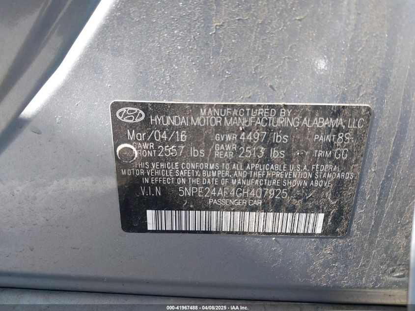 2016 Hyundai Sonata Se VIN: 5NPE24AF4GH407925 Lot: 41967488