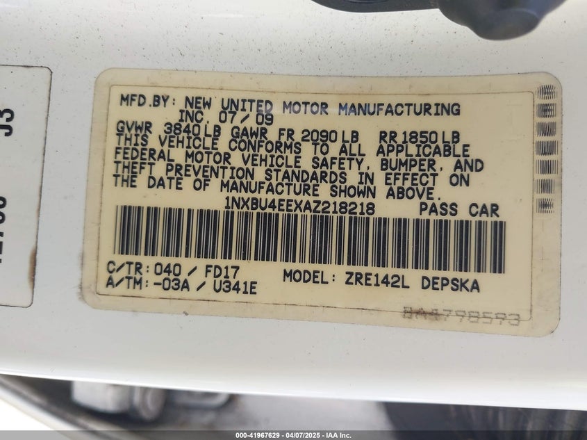 2010 TOYOTA COROLLA VIN: 1NXBU4EEXAZ218218