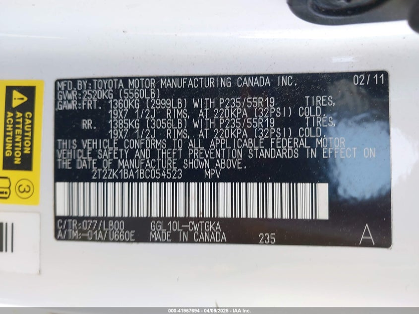 2011 LEXUS RX VIN: 2T2ZK1BA1BC054523