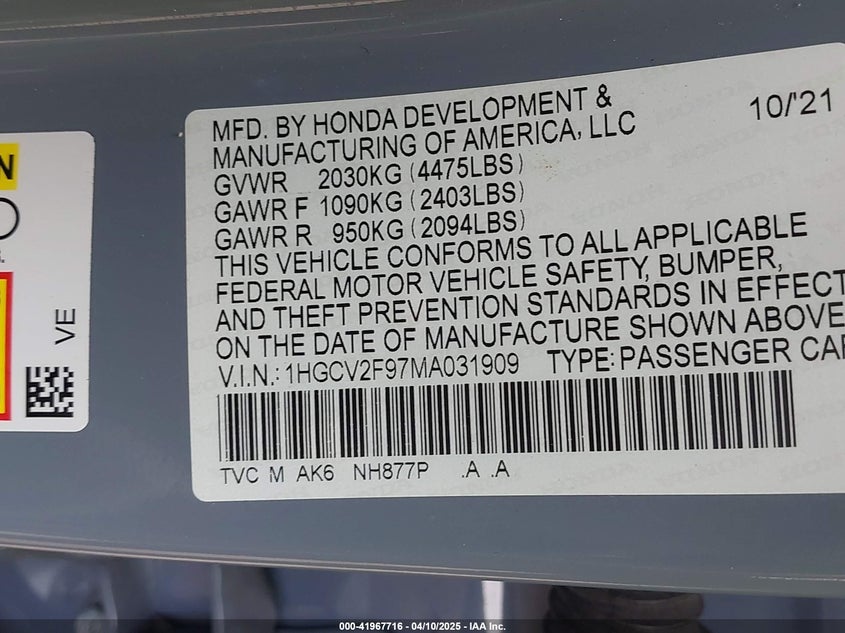 2021 HONDA ACCORD(VIN: 1HGCV2F97MA031909