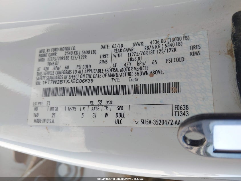 2018 FORD F-250 VIN: 1FT7W2BTXJEC06639