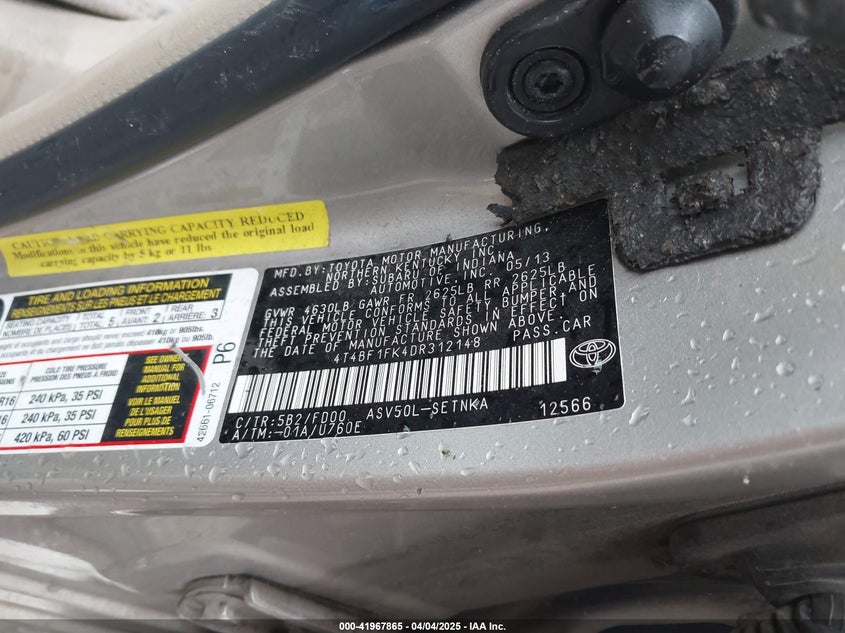 2013 TOYOTA CAMRY VIN: 4T4BF1FK4DR312148