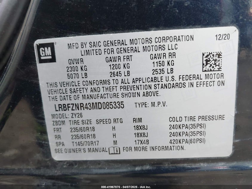 2021 BUICK ENVISION VIN: LRBFZNR43MD085335