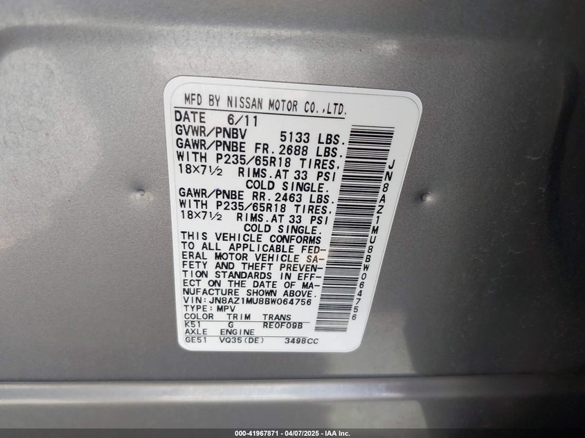2011 NISSAN MURANO VIN: JN8AZ1MU8BW064756