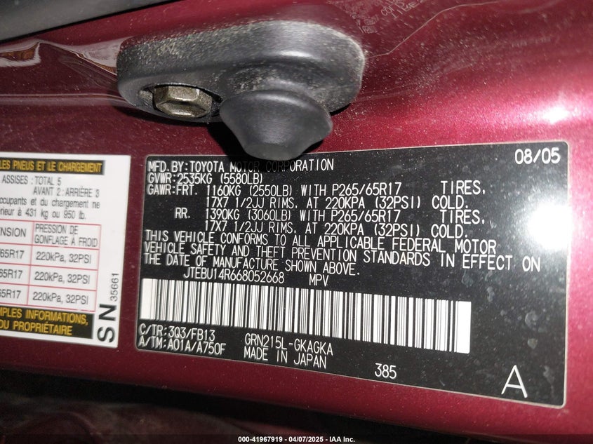 2006 TOYOTA 4RUNNER VIN: JTEBU14R668052668