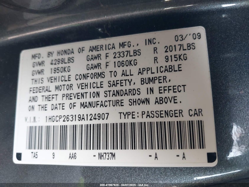2009 HONDA ACCORD VIN: 1HGCP26319A124907