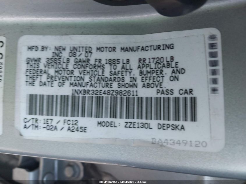 2008 Toyota Corolla S VIN: 1NXBR32E48Z982611 Lot: 41967957