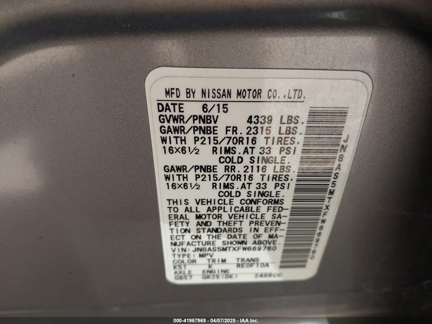 2015 NISSAN ROGUE SELECT VIN: JN8AS5MTXFW669760