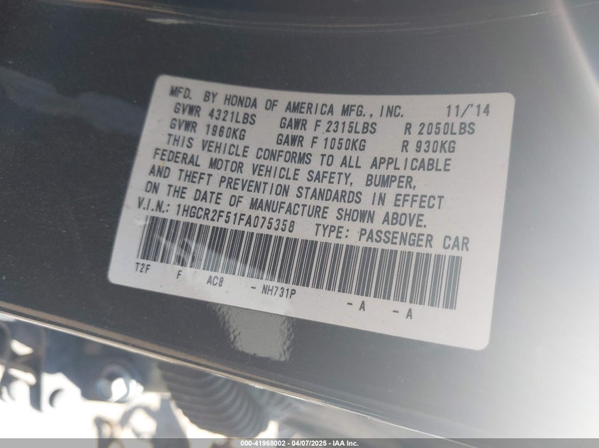 2015 HONDA ACCORD VIN: 1HGCR2F51FA075358