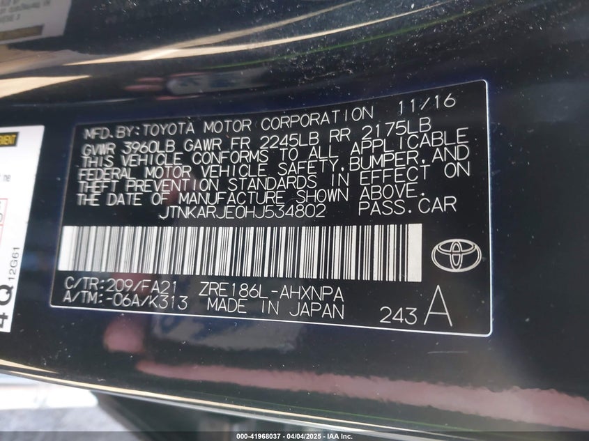 2017 TOYOTA COROLLA IM VIN: JTNKARJE0HJ534802