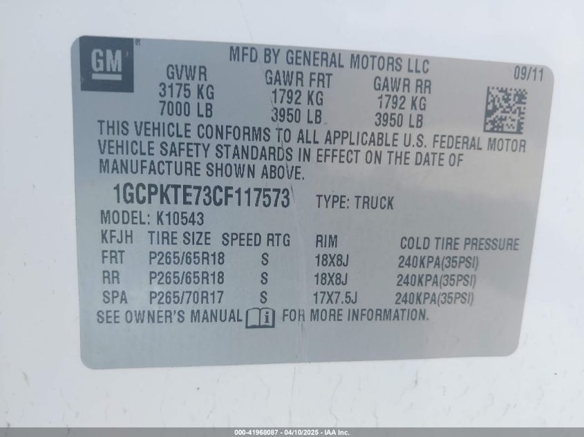 2012 Chevrolet Silverado 1500 Ltz VIN: 1GCPKTE73CF117573 Lot: 41968087