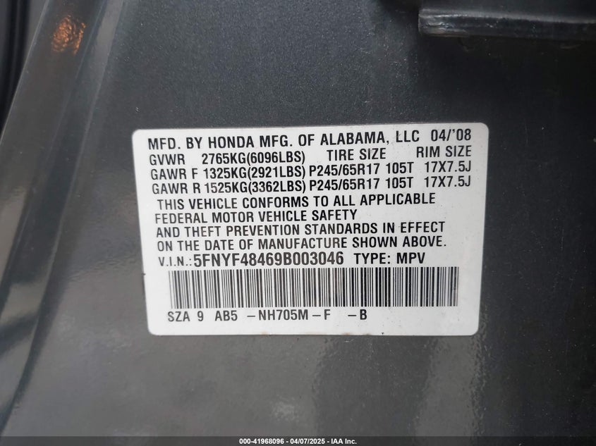 2009 HONDA PILOT VIN: 5FNYF48469B003046