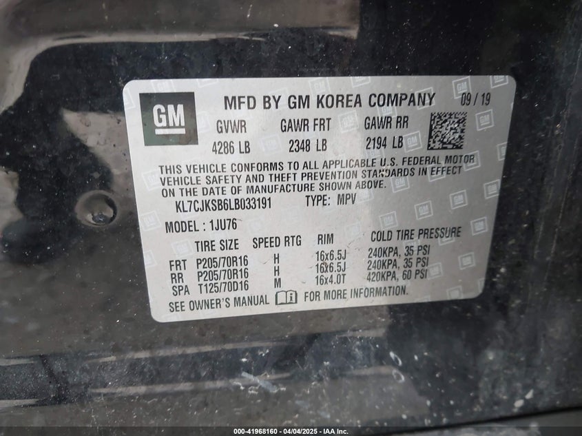 2020 CHEVROLET TRAX FWD LS - KL7CJKSB6LB033191