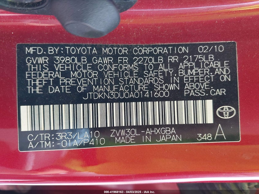 2010 TOYOTA PRIUS VIN: JTDKN3DU0A0141600