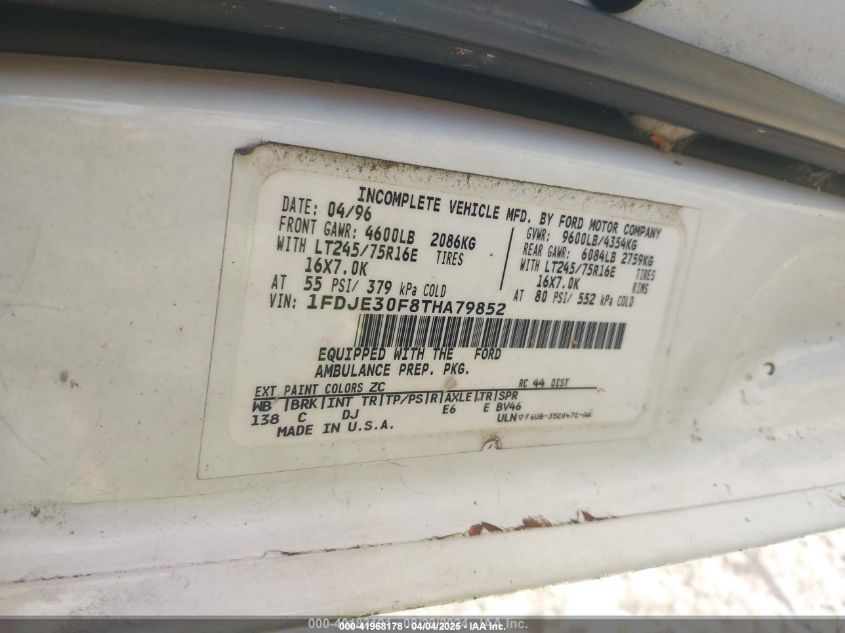 1996 Ford Econoline E350 Cutaway Van VIN: 1FDJE30F8THA79852 Lot: 41968178